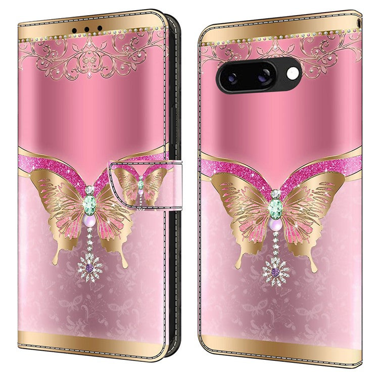 For Google Pixel 9a Case 3D Pattern PU Leather Wallet Phone Cover with Stand - Pink  /  Gold Butterfly