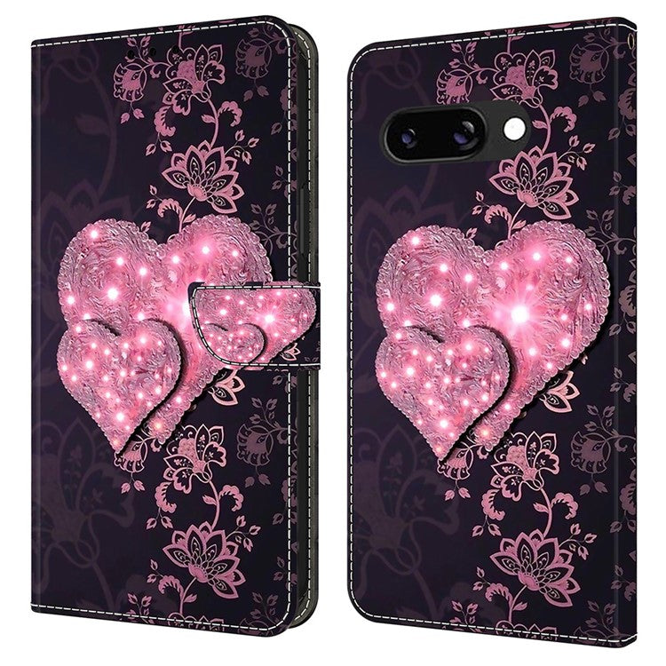 For Google Pixel 9a Case 3D Pattern PU Leather Wallet Phone Cover with Stand - Lace Hearts