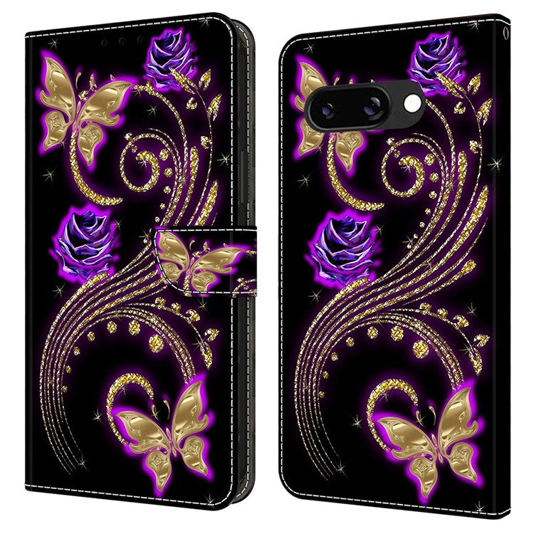 For Google Pixel 9a Case 3D Pattern PU Leather Wallet Phone Cover with Stand - Purple Flowers  /  Butterflies