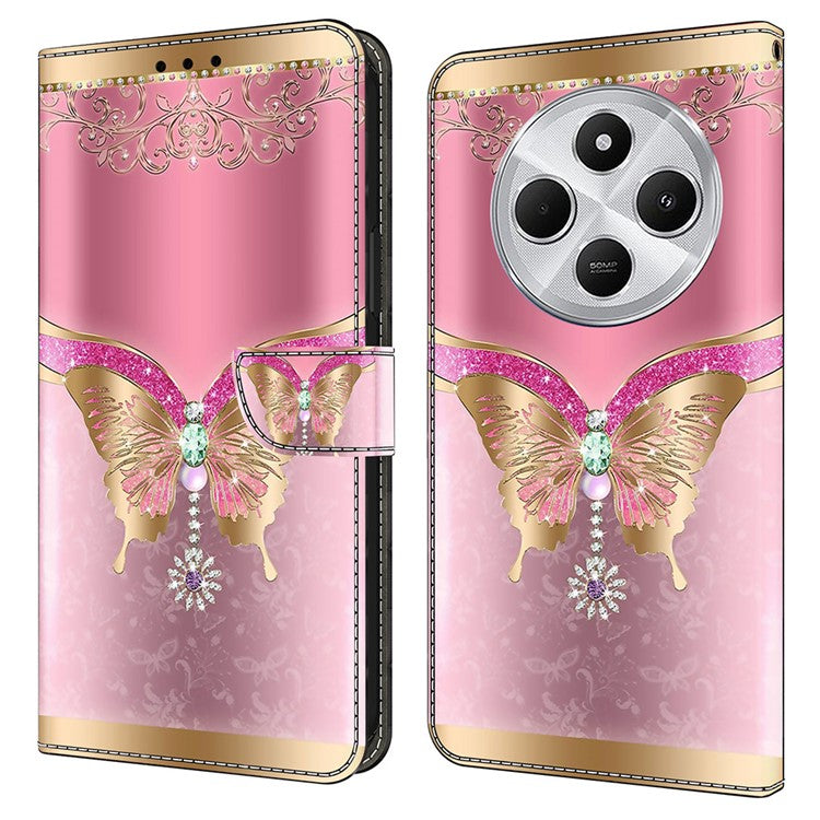 Phone Case For Xiaomi Redmi 14C 4G / 14R 5G / Poco C75 4G 3D Pattern PU Leather Wallet Phone Cover with Stand - Pink  /  Gold Butterfly