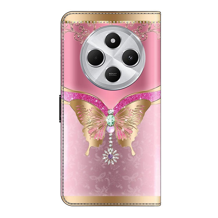 Phone Case For Xiaomi Redmi 14C 4G / 14R 5G / Poco C75 4G 3D Pattern PU Leather Wallet Phone Cover with Stand - Pink  /  Gold Butterfly