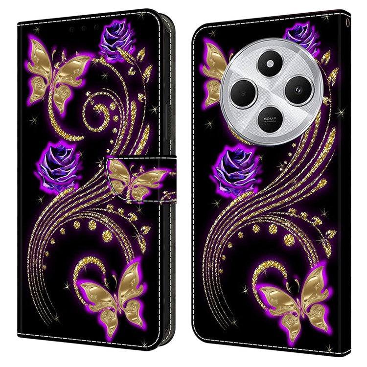 Phone Case For Xiaomi Redmi 14C 4G / 14R 5G / Poco C75 4G 3D Pattern PU Leather Wallet Phone Cover with Stand - Purple Flowers  /  Butterflies