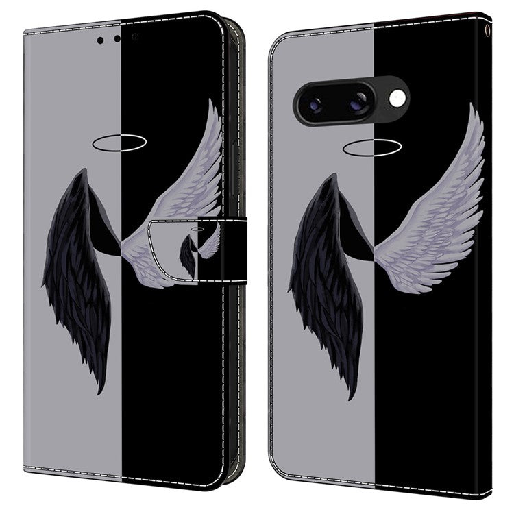 For Google Pixel 9a Case Magnetic Clasp 3D Pattern Leather Wallet Phone Cover - Black  /  White Wings