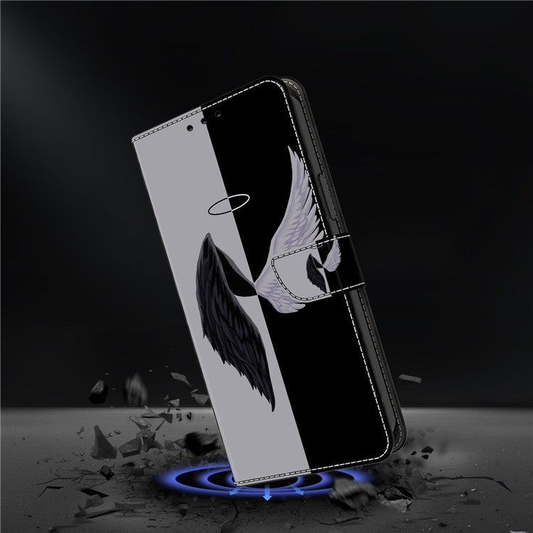 For Google Pixel 9a Case Magnetic Clasp 3D Pattern Leather Wallet Phone Cover - Black  /  White Wings