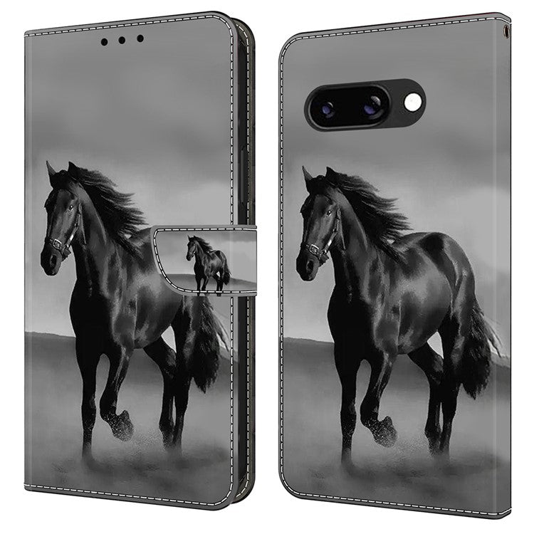 For Google Pixel 9a Case Magnetic Clasp 3D Pattern Leather Wallet Phone Cover - Black Horse