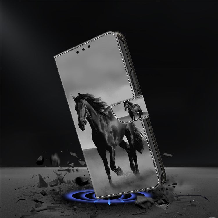 For Google Pixel 9a Case Magnetic Clasp 3D Pattern Leather Wallet Phone Cover - Black Horse