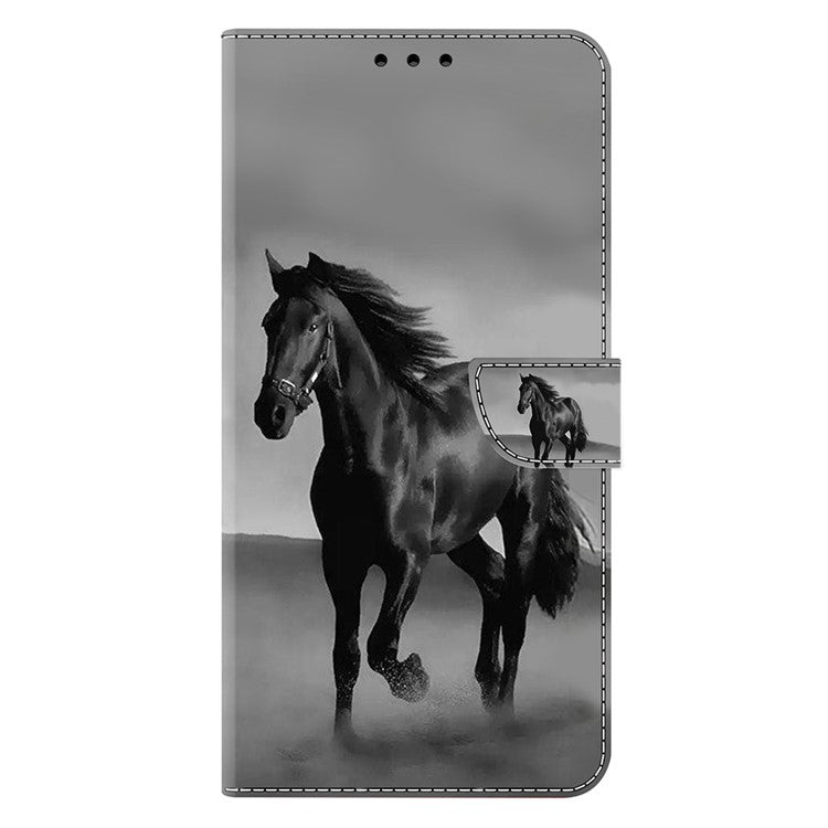 For Google Pixel 9a Case Magnetic Clasp 3D Pattern Leather Wallet Phone Cover - Black Horse