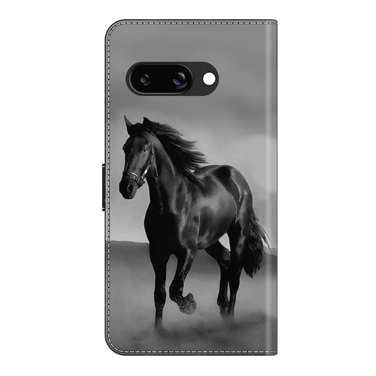 For Google Pixel 9a Case Magnetic Clasp 3D Pattern Leather Wallet Phone Cover - Black Horse