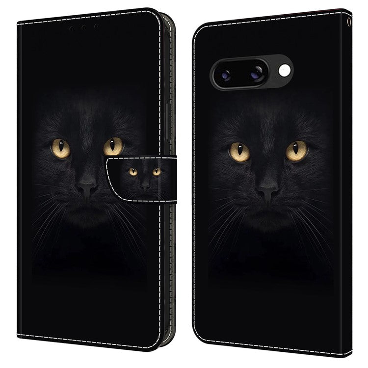 For Google Pixel 9a Case Magnetic Clasp 3D Pattern Leather Wallet Phone Cover - Black Cat