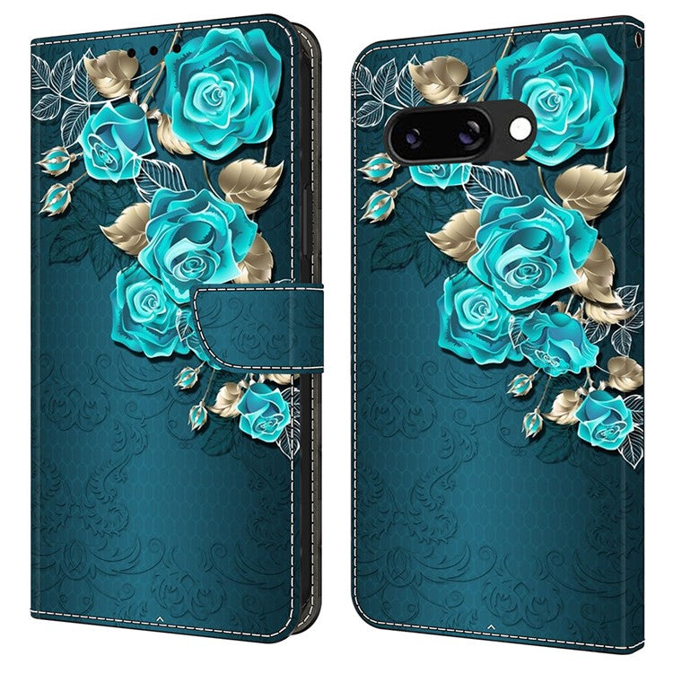 For Google Pixel 9a Case Magnetic Clasp 3D Pattern Leather Wallet Phone Cover - Blue Rose