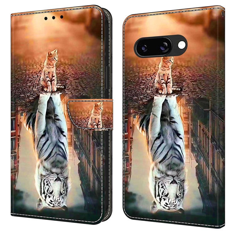 For Google Pixel 9a Case Magnetic Clasp 3D Pattern Leather Wallet Phone Cover - Cat and Tiger