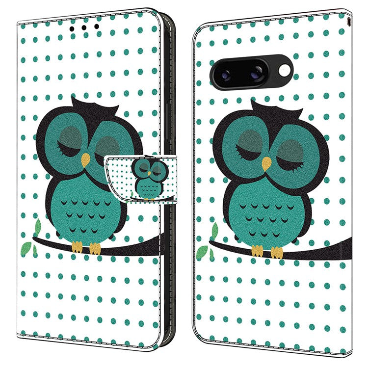 For Google Pixel 9a Case Magnetic Clasp 3D Pattern Leather Wallet Phone Cover - Sleeping Owl