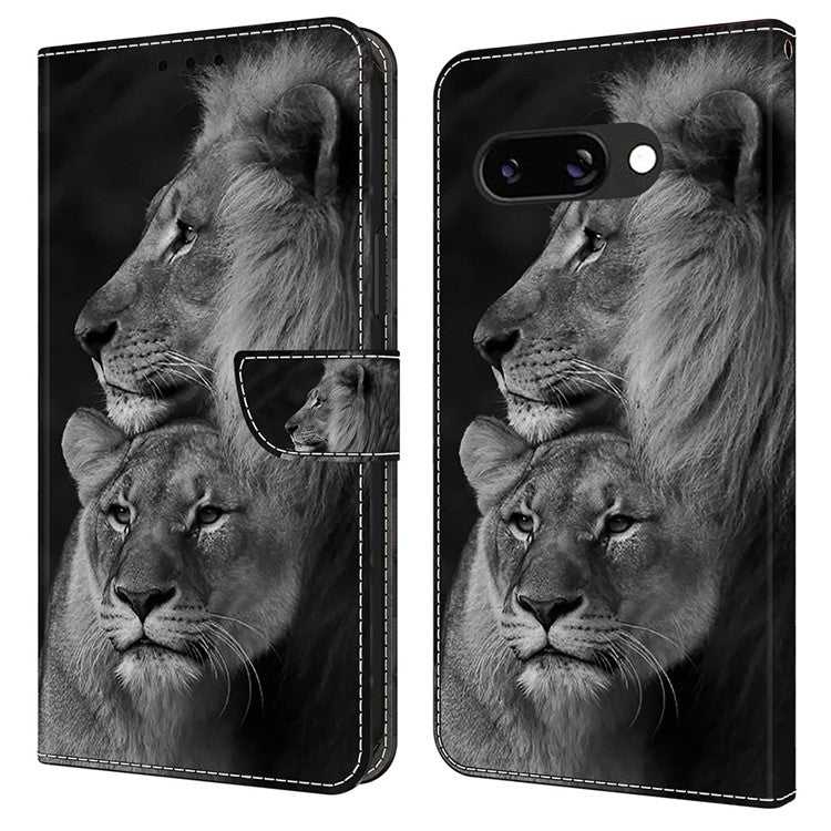 For Google Pixel 9a Case Magnetic Clasp 3D Pattern Leather Wallet Phone Cover - Couple Lions