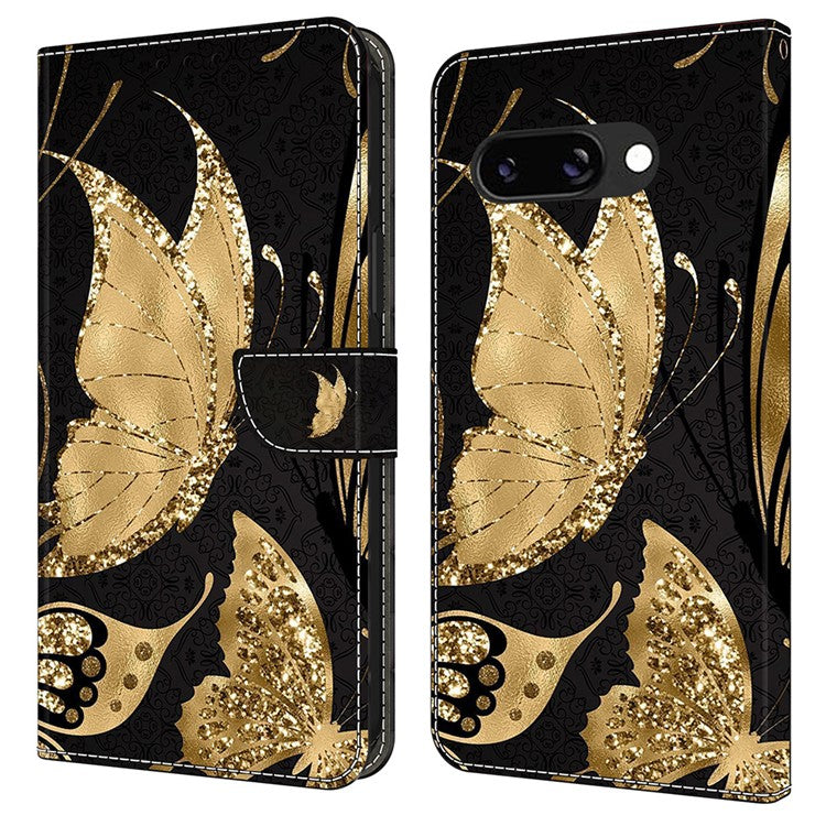 For Google Pixel 9a Case Magnetic Clasp 3D Pattern Leather Wallet Phone Cover - Golden Butterfly