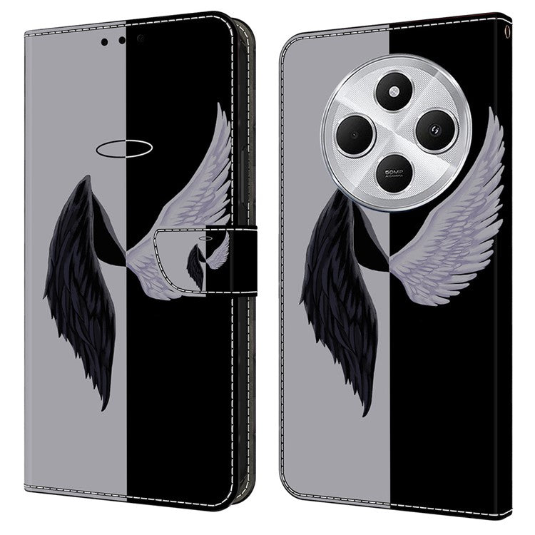 Phone Case For Xiaomi Redmi 14C 4G / 14R 5G / Poco C75 4G Magnetic Clasp 3D Pattern Leather Wallet Phone Cover - Black  /  White Wings