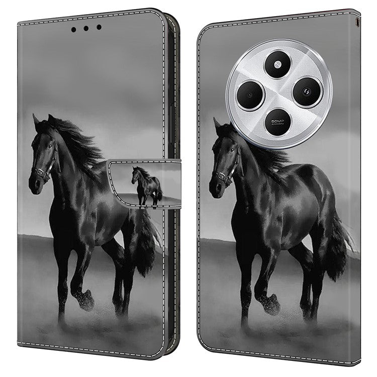 Phone Case For Xiaomi Redmi 14C 4G / 14R 5G / Poco C75 4G Magnetic Clasp 3D Pattern Leather Wallet Phone Cover - Black Horse