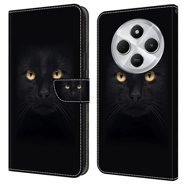 Phone Case For Xiaomi Redmi 14C 4G / 14R 5G / Poco C75 4G Magnetic Clasp 3D Pattern Leather Wallet Phone Cover - Black Cat