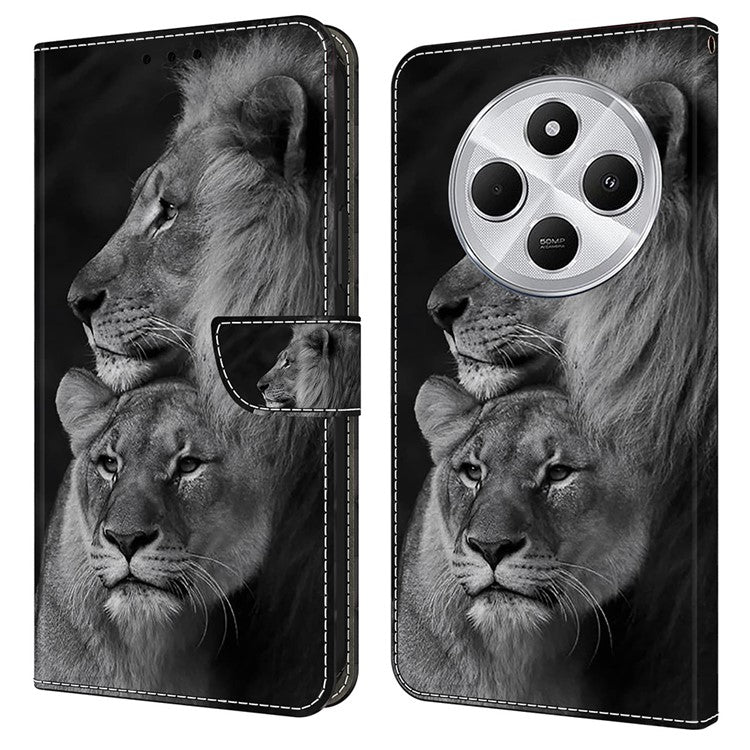 Phone Case For Xiaomi Redmi 14C 4G / 14R 5G / Poco C75 4G Magnetic Clasp 3D Pattern Leather Wallet Phone Cover - Couple Lions