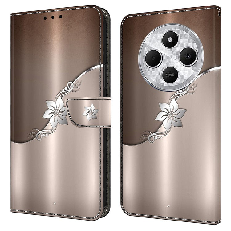 Phone Case For Xiaomi Redmi 14C 4G / 14R 5G / Poco C75 4G Magnetic Clasp 3D Pattern Leather Wallet Phone Cover - Silver Flower