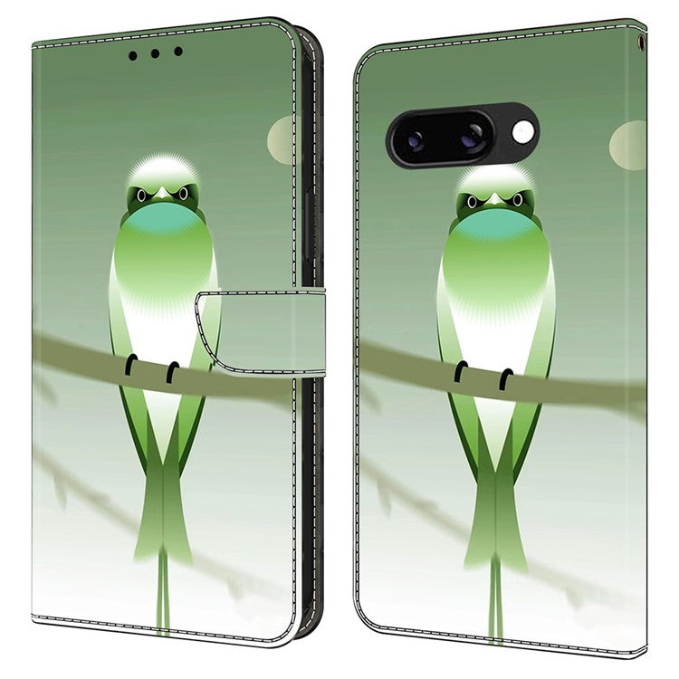 For Google Pixel 9a Case PU Leather Wallet Phone Cover with Stand - Green Bird