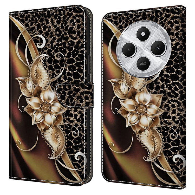 PU Leather Case For Xiaomi Redmi 14C 4G / 14R 5G / Poco C75 4G Wallet Phone Cover with Stand - Metal Flower