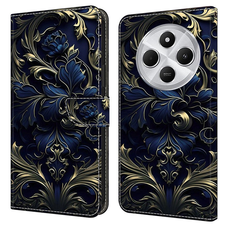 PU Leather Case For Xiaomi Redmi 14C 4G / 14R 5G / Poco C75 4G Wallet Phone Cover with Stand - Blue Flower