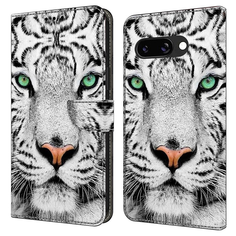 For Google Pixel 9a Case Pattern Printed Protective Cover TPU+PU Leather Flip Phone Case - Tiger Face