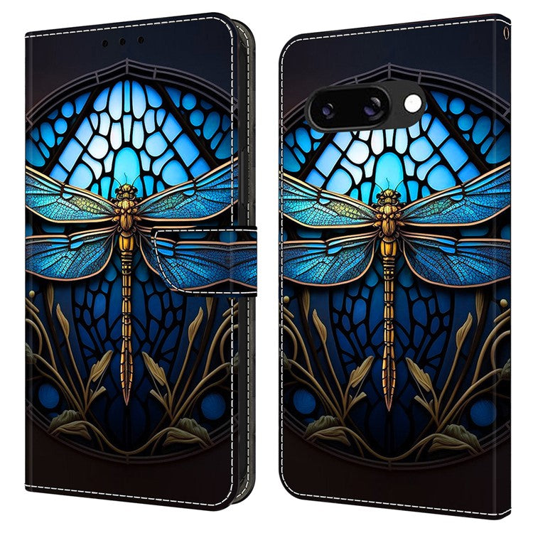 For Google Pixel 9a Case Pattern Printed Protective Cover TPU+PU Leather Flip Phone Case - Blue Dragonfly