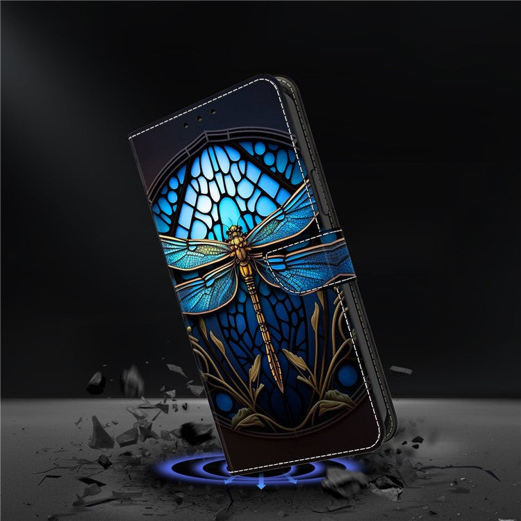 For Google Pixel 9a Case Pattern Printed Protective Cover TPU+PU Leather Flip Phone Case - Blue Dragonfly