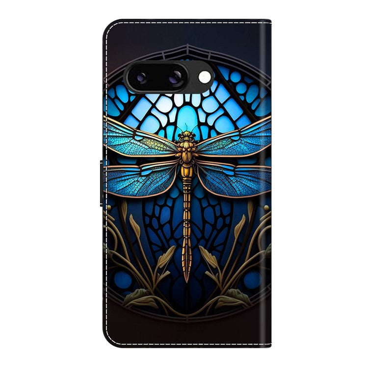 For Google Pixel 9a Case Pattern Printed Protective Cover TPU+PU Leather Flip Phone Case - Blue Dragonfly