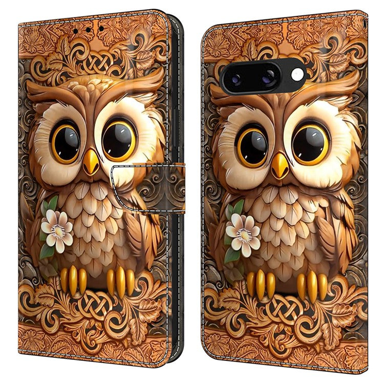 For Google Pixel 9a Case Pattern Printed Protective Cover TPU+PU Leather Flip Phone Case - Red Owl