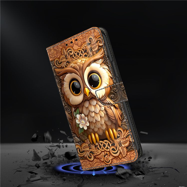 For Google Pixel 9a Case Pattern Printed Protective Cover TPU+PU Leather Flip Phone Case - Red Owl