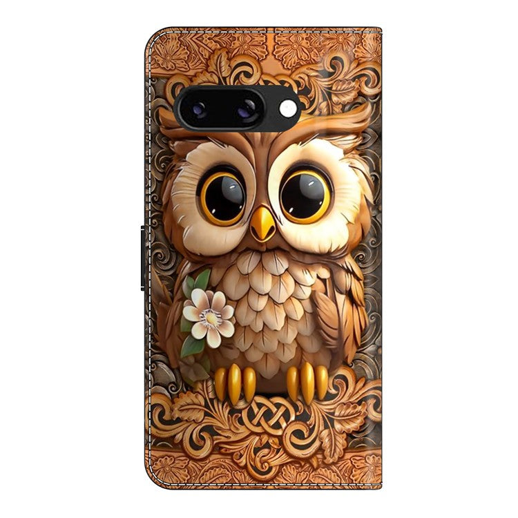 For Google Pixel 9a Case Pattern Printed Protective Cover TPU+PU Leather Flip Phone Case - Red Owl