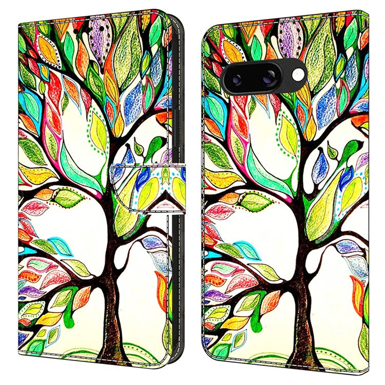 For Google Pixel 9a Case Pattern Printed Protective Cover TPU+PU Leather Flip Phone Case - Tree