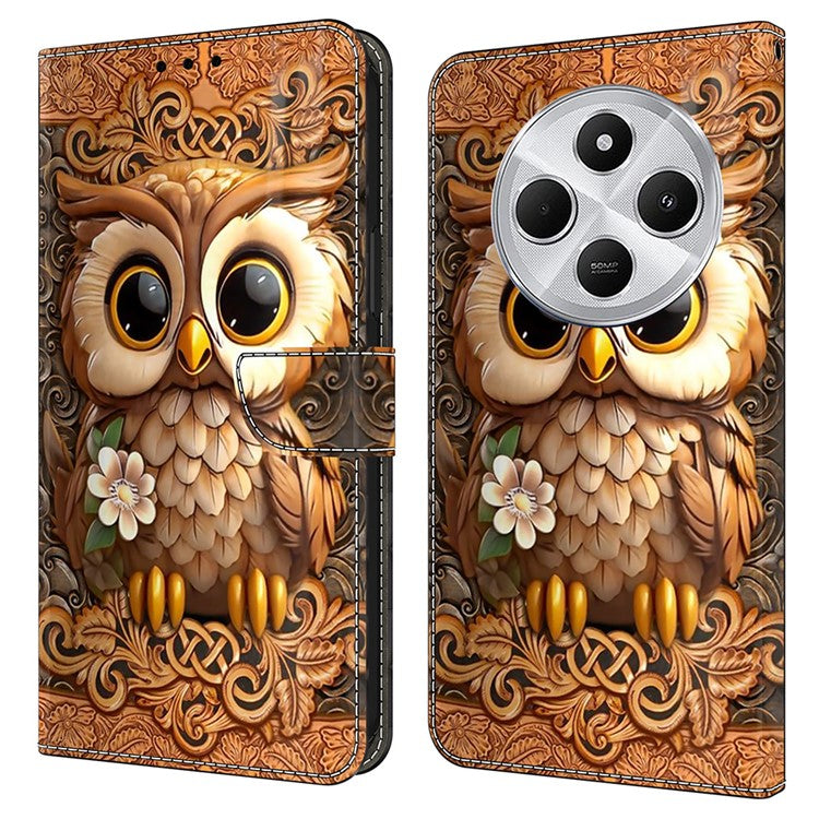 TPU+PU Leather Flip Phone Case For Xiaomi Redmi 14C 4G / 14R 5G / Poco C75 4G Pattern Printed Protective Cover - Red Owl