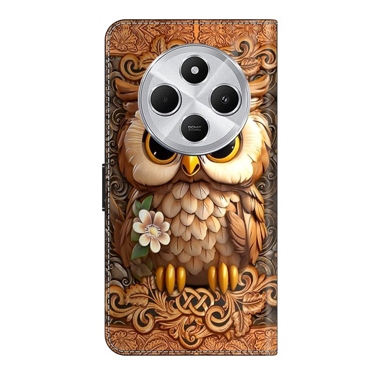 TPU+PU Leather Flip Phone Case For Xiaomi Redmi 14C 4G / 14R 5G / Poco C75 4G Pattern Printed Protective Cover - Red Owl