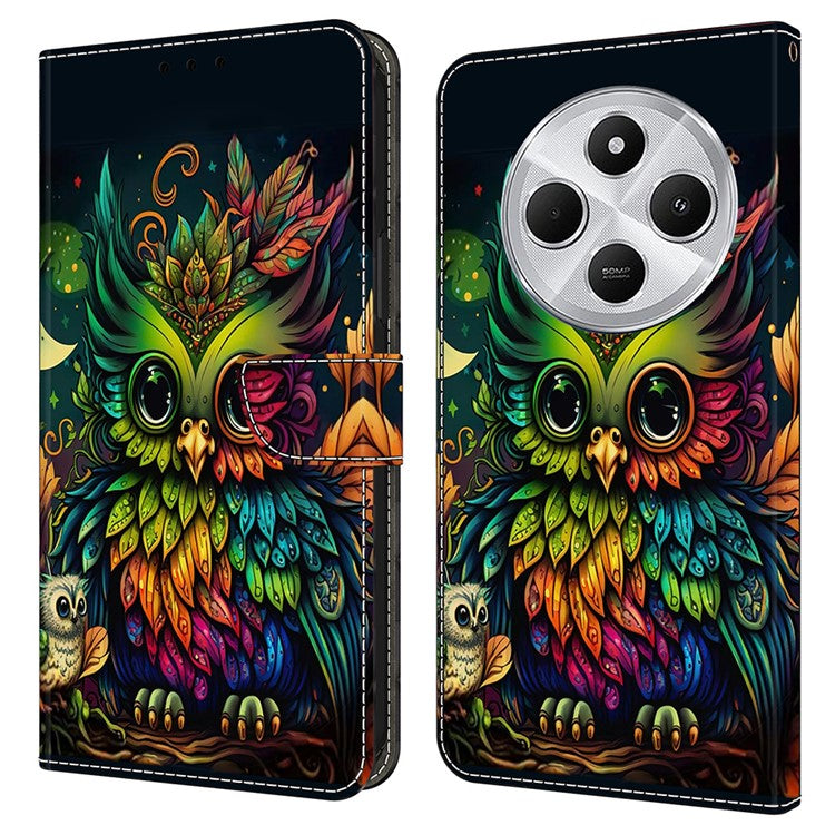 TPU+PU Leather Flip Phone Case For Xiaomi Redmi 14C 4G / 14R 5G / Poco C75 4G Pattern Printed Protective Cover - Colorful Owl