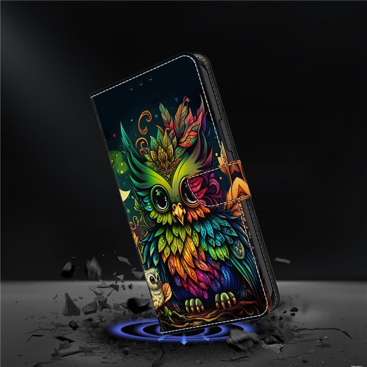 TPU+PU Leather Flip Phone Case For Xiaomi Redmi 14C 4G / 14R 5G / Poco C75 4G Pattern Printed Protective Cover - Colorful Owl