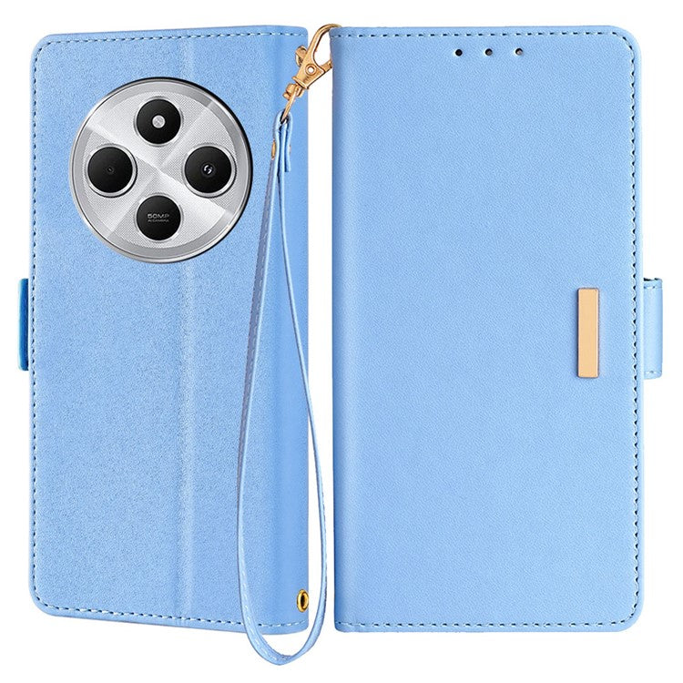 Leather Wallet Case For Xiaomi Redmi 14C 4G / 14R 5G / Poco C75 4G RFID Blocking Stand Cover with Hand Strap - Blue