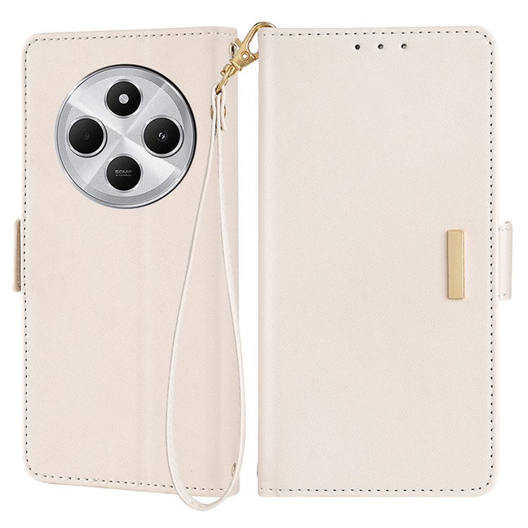 Leather Wallet Case For Xiaomi Redmi 14C 4G / 14R 5G / Poco C75 4G RFID Blocking Stand Cover with Hand Strap - White