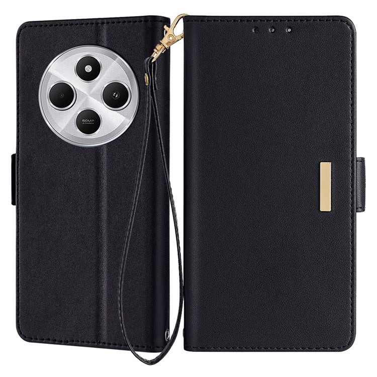 Leather Wallet Case For Xiaomi Redmi 14C 4G / 14R 5G / Poco C75 4G RFID Blocking Stand Cover with Hand Strap - Black