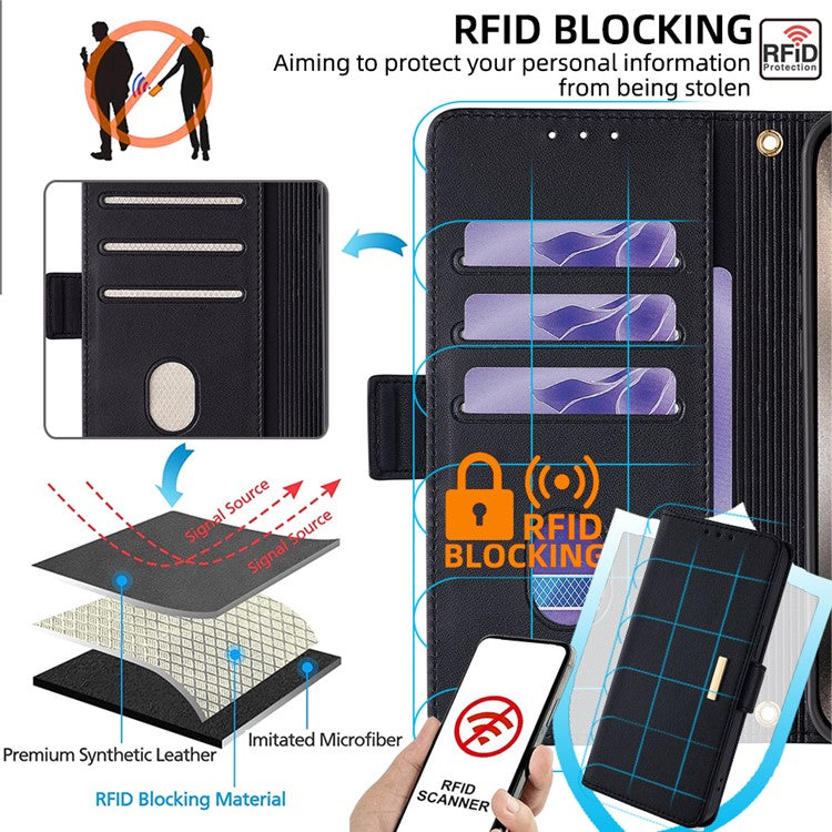 Leather Wallet Case For Xiaomi Redmi 14C 4G / 14R 5G / Poco C75 4G RFID Blocking Stand Cover with Hand Strap - Black