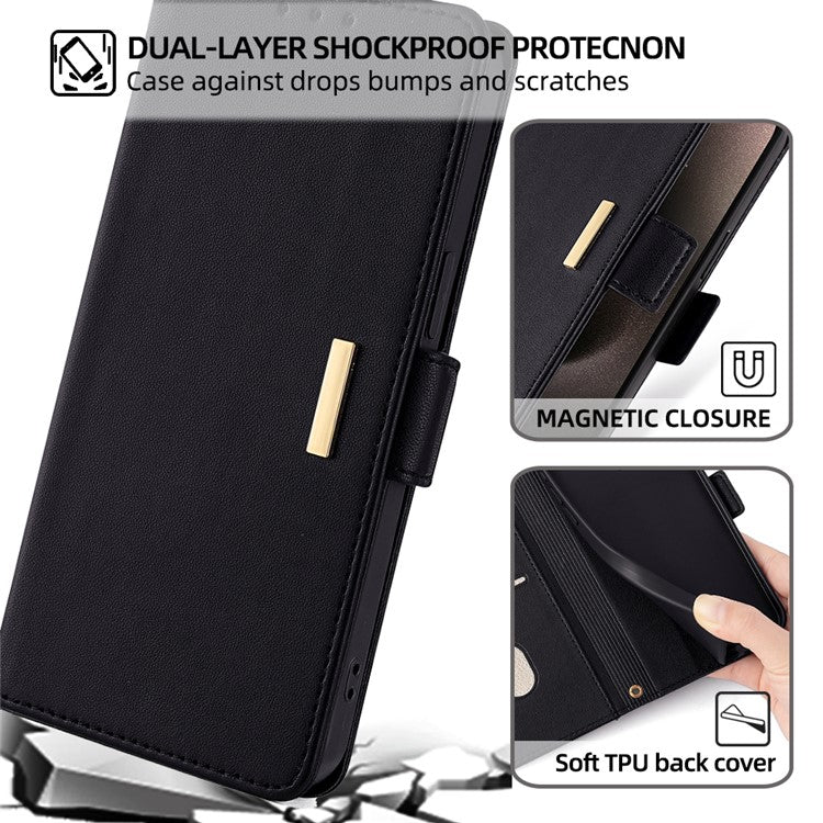 Leather Wallet Case For Xiaomi Redmi 14C 4G / 14R 5G / Poco C75 4G RFID Blocking Stand Cover with Hand Strap - Black