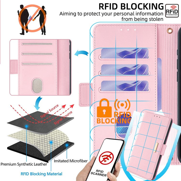 Leather Wallet Case For Xiaomi Redmi 14C 4G / 14R 5G / Poco C75 4G RFID Blocking Stand Cover with Hand Strap - Pink