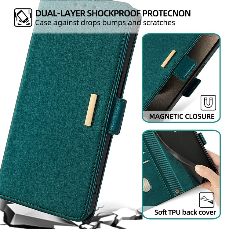 Leather Wallet Case For Xiaomi Redmi 14C 4G / 14R 5G / Poco C75 4G RFID Blocking Stand Cover with Hand Strap - Green