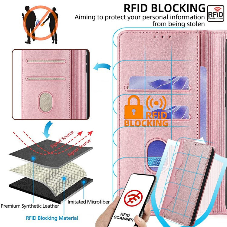 Leather Case For Xiaomi Redmi 14C 4G / 14R 5G / Poco C75 4G Wallet Stand Phone Cover with RFID Blocking - Rose Gold