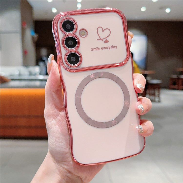 For Samsung Galaxy S25 Magnetic Case Electroplating Curly Frame TPU Phone Cover Large Window - Rose Pink