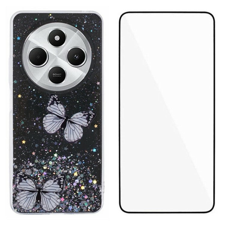 WANLONFENG AW Series TPU Case for Xiaomi Poco C75 4G / Redmi 14R 5G / 14C 4G PVC Butterfly Epoxy with Screen Film - Black