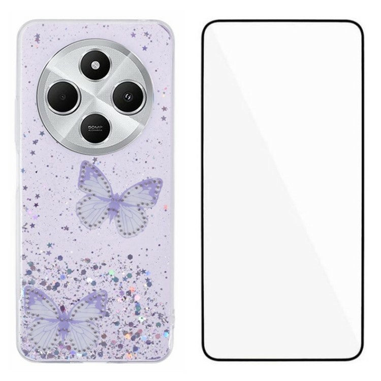 WANLONFENG AW Series TPU Case for Xiaomi Poco C75 4G / Redmi 14R 5G / 14C 4G PVC Butterfly Epoxy with Screen Film - Purple