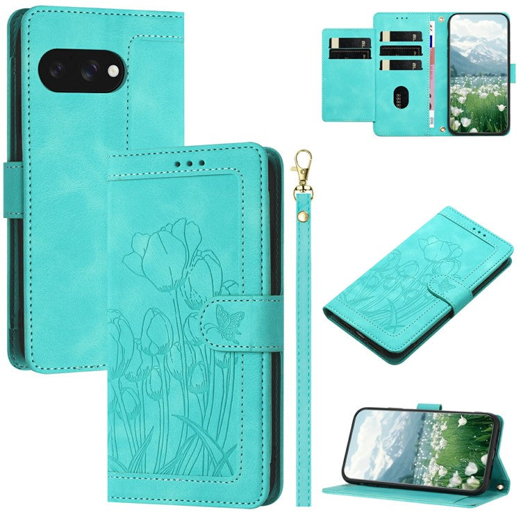 For Google Pixel 9a Case Tulip Leather Phone Cover with 5 Card Slots Wallet - Green